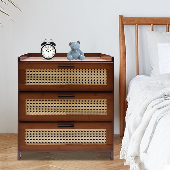 ToppiJoy 3 Drawers Bamboo Nightstand with Rattan Pattern Sliding Door, Bamboo Bedside Table Modern Accent Side End Table for Bedroom Living Room (Dark Brown)