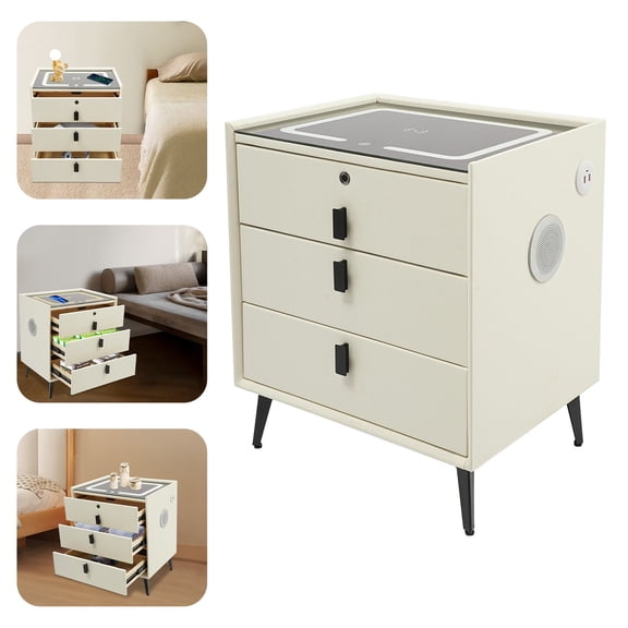 ToppiJoy 3 Drawers Smart Bedside Side Table with USB Charging, Minimalist Solid Wood Bedside Table for Bedroom 50*40*59cm (Beige White)