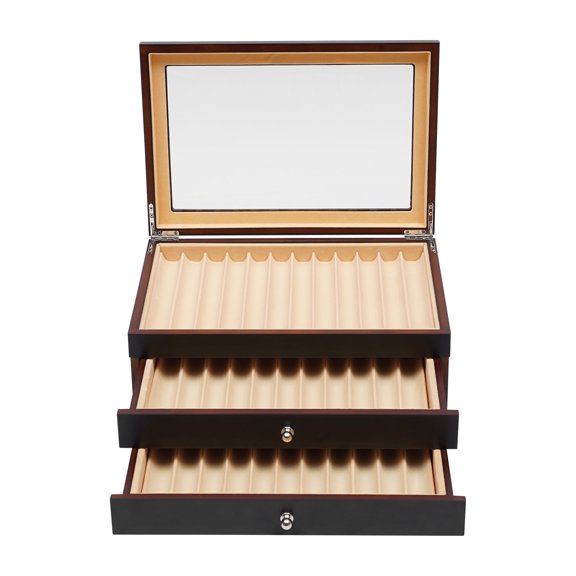 ToppiJoy 3 Layer 34 Compartments Wood Pen Display Box, Pen Case Storage with Glass Window (Black)