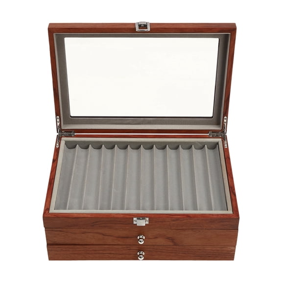 ToppiJoy 3 Layer 34 Compartments Wood Pen Display Box, Pen Case Storage and Fountain Collector with Glass Window (Log)