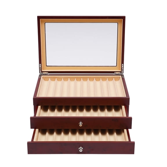ToppiJoy 3 Layer 34 Compartments Wood Pen Display Box, Pen Case Storage and Fountain Collector with Glass Window (Red)