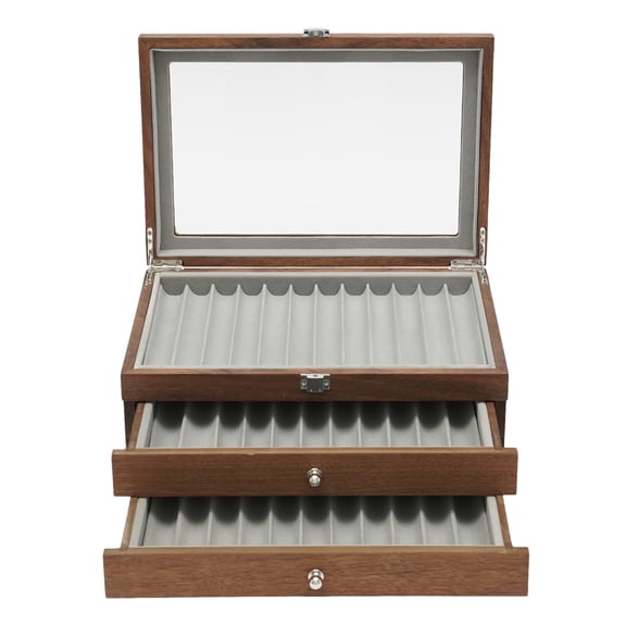 ToppiJoy 3 Layer 34 Compartments Wood Pen Display Box, Pen Case Storage and Fountain Collector with Glass Window (Walnut)