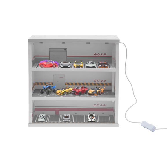 ToppiJoy 3-Layer Scale Model Car Display Case, Garage Display Case with LED Lights, Model Display Cabinet