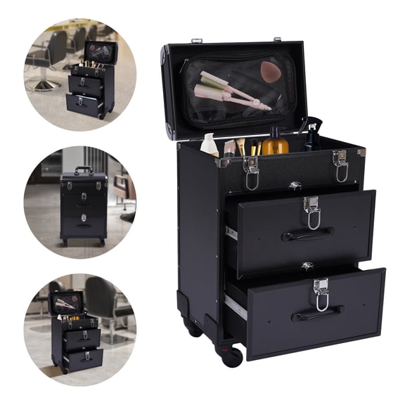 ToppiJoy 3-Layers Rolling Makeup Train Case, Makeup Storage Box with Locks, Cosmetics Storage Organizer for Makeup, Nail Art Black