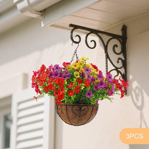 ToppiJoy 3 Set Artificial Hanging Flowers Plants Basket, Fake Flowers Baskte for Outside Porch, Artificial Outdoor Flowers with Hanging Basket (Colorful)