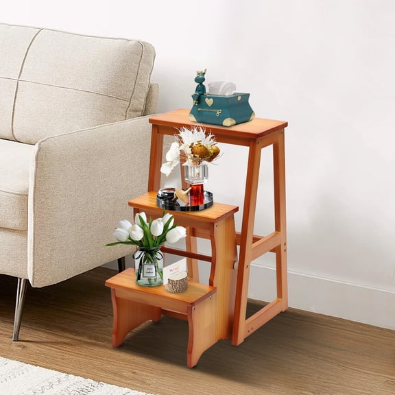 ToppiJoy 3-Step Folding Library Ladder Chair, Portable Wooden Folding Chair Lightweight Multifunctional Step Stool (Honey)