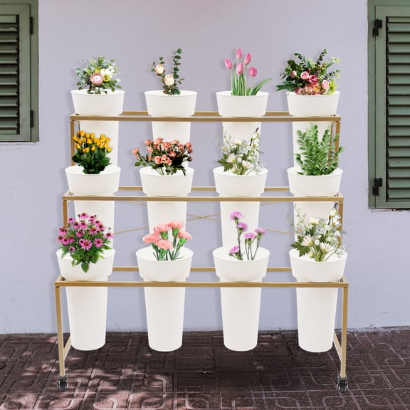 ToppiJoy 3 Tier 12 Buckets Flower Display Stand, Flower Cart Display Stand with Wheels, Flower Display Stands Metal Flower Bar Stand Flower Buckets Rack for Patio Garden (Golden, White)