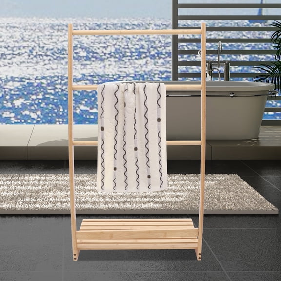 ToppiJoy 3 Tier Bamboo Towel Rack, Free Standing Blanket Drying Rack with Bottom Storage Shelf for Bathroom Living Room