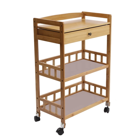 ToppiJoy 3-Tier Mobile Bar Serving Cart Bamboo Kitchen Serving Trolley Carter with 1 Drawers, Movement Large Capacity Beverage Cart