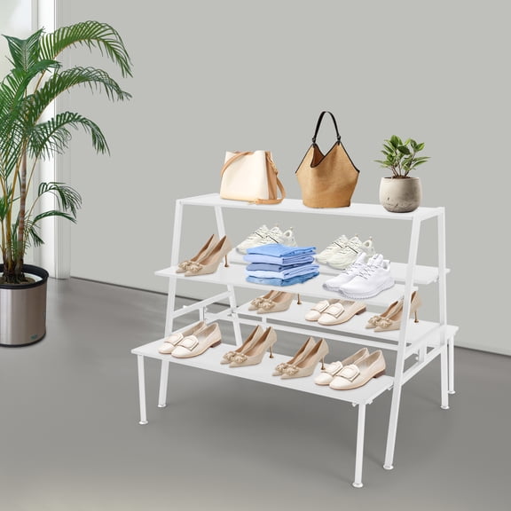 ToppiJoy 3 Tier Retail Shoe Handbag Display Stand, Double Side Standing Display Riser Nesting Table with 5 Shelves, Ladder Shape Display Table for Party, Showcase, Celebration, Retail Store (White)