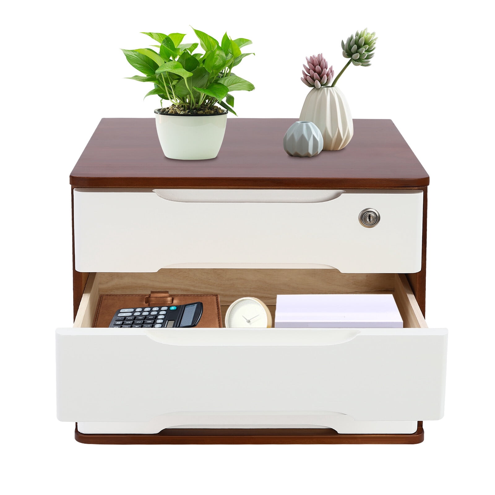 ToppiJoy 3-Tier Wooden Desktop Storage Box with Lockable Drawers, Modern Tung Wood Desk Organizer, Bamboo Storage with Keys (Walnut, White)