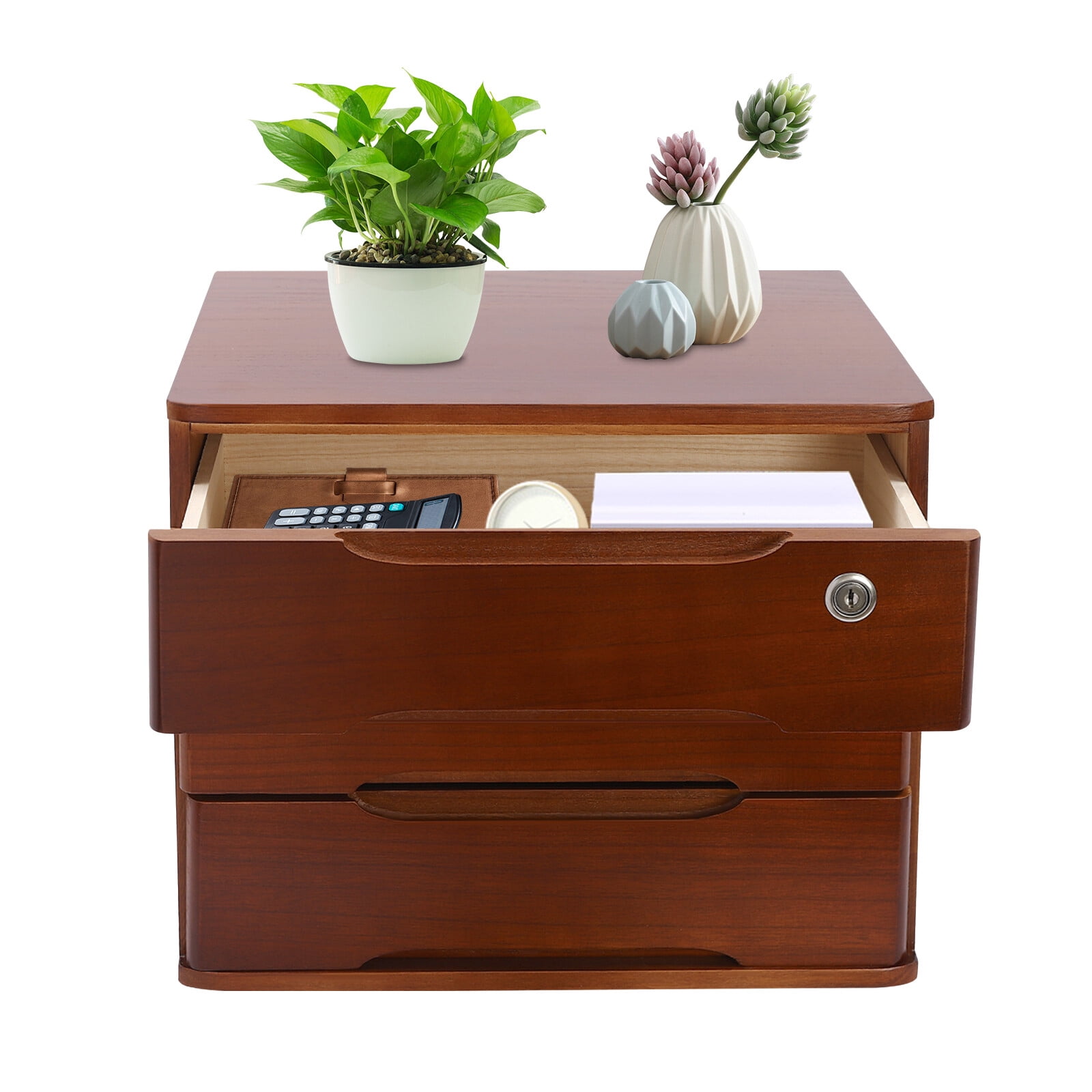 ToppiJoy 3-Tier Wooden Desktop Storage Box with Lockable Drawers, Modern Tung Wood Desk Organizer, Bamboo Storage with Keys (Walnut)