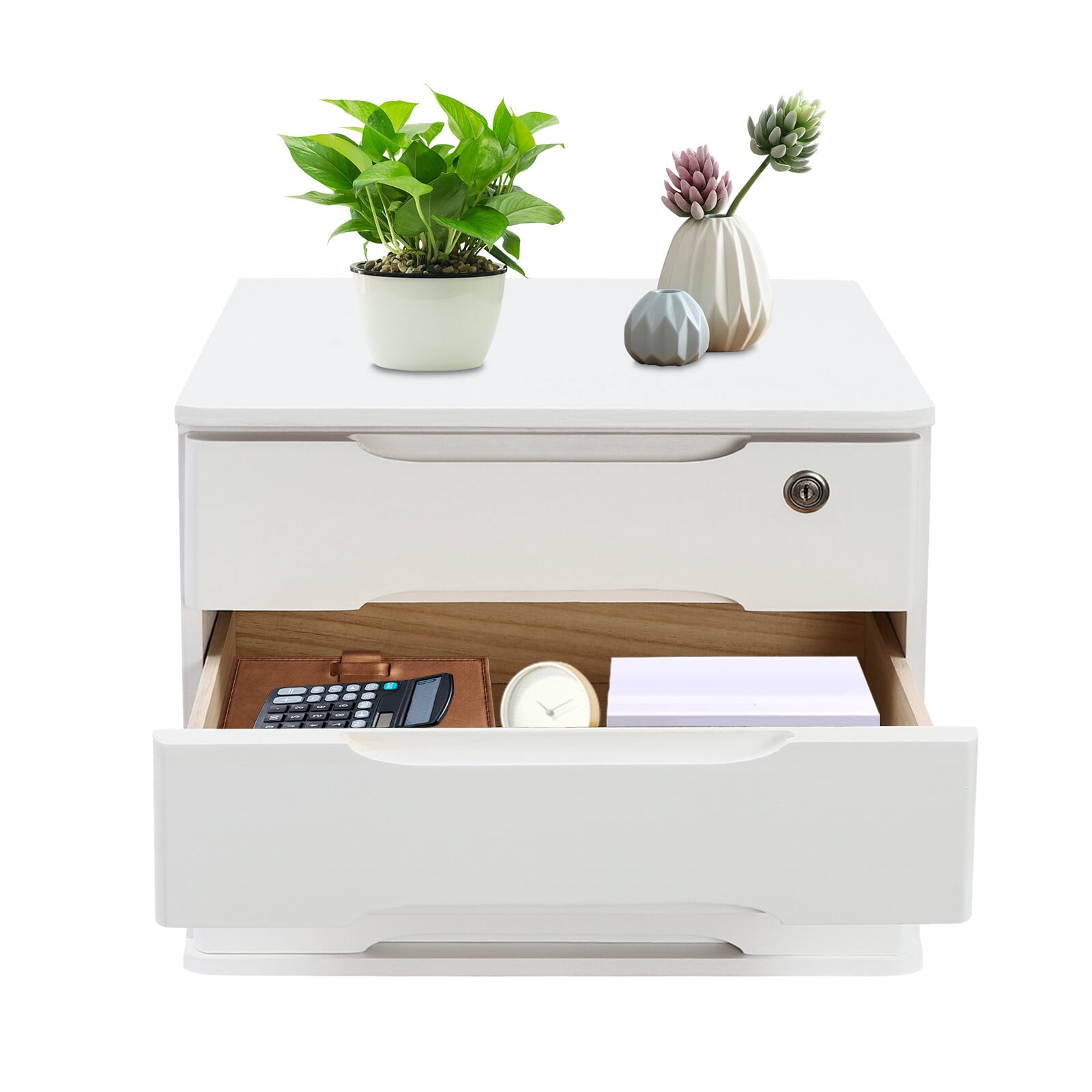ToppiJoy 3-Tier Wooden Desktop Storage Box with Lockable Drawers, Modern Tung Wood Desk Organizer, Bamboo Storage with Keys (White)