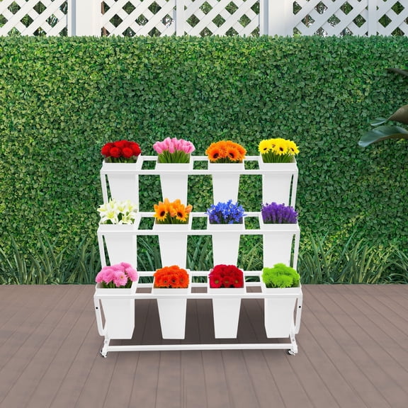 ToppiJoy 3 Tiers 12 Buckets Metal Flower Display Stand, Plant Stand with Wheels Movable Flower Display Stand