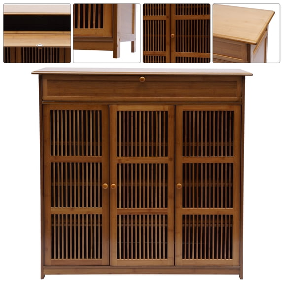 ToppiJoy 3 Tiers Bamboo Shoe Storage Cabinet Shelf Stand with Shutter Doors and Drawer for Entryway Hallway Living Room Bedroom