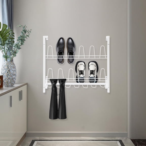 ToppiJoy 3 Tiers Metal Wall Mounted Shoe Rack, Metal Hanging Wall Shoe Organizer for Walk in Closet, Holds 9 Pairs (White)