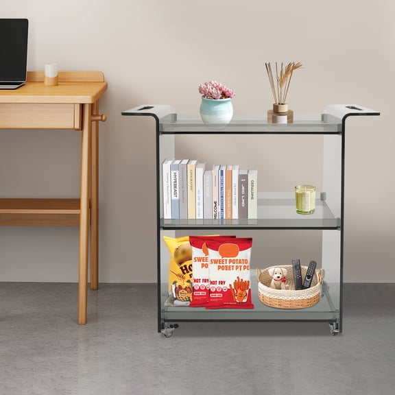 ToppiJoy 3 Tiers PC Rolling Cart, Utility Cart on Wheels, Lockable Wheels Hold up to 66.14lbs Suitable for Families, Cafes, and Activity Spaces (Smoke Gray)