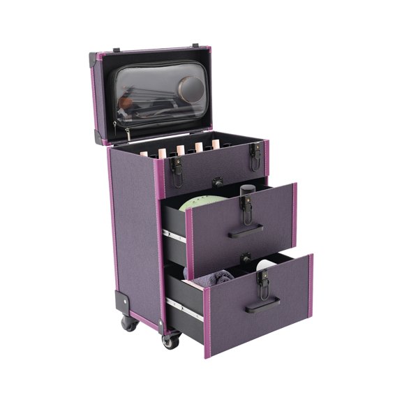 ToppiJoy 3-Tiers Professional Rolling Makeup Train Case, Aluminum Trolley Train Case with Sliding Drawers Locks for Make-up Artists, Purple