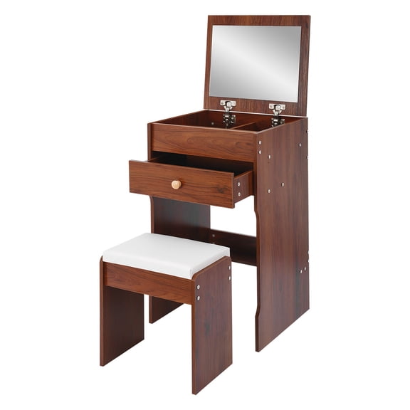ToppiJoy 3-in-1 Flip Top Makeup Vanity Desk with Mirror, Drawer Cushioned Stool, Space-Saving Design for Small Rooms (Black Walnut)