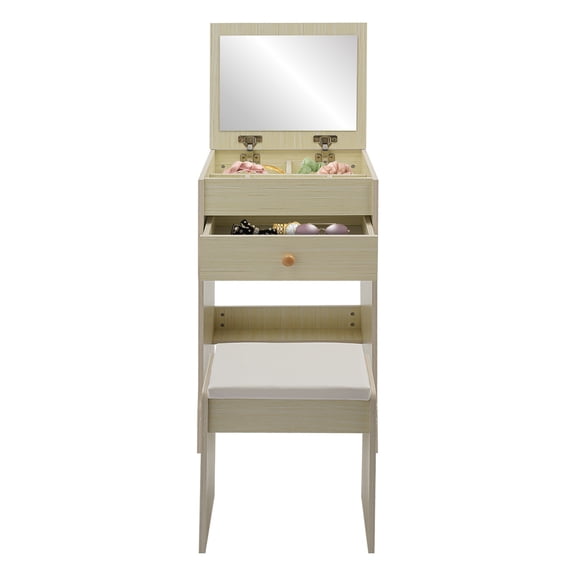 ToppiJoy 3-in-1 Flip Top Makeup Vanity Desk with Mirror, Drawer Cushioned Stool, Space-Saving Design for Small Rooms (White Oak)