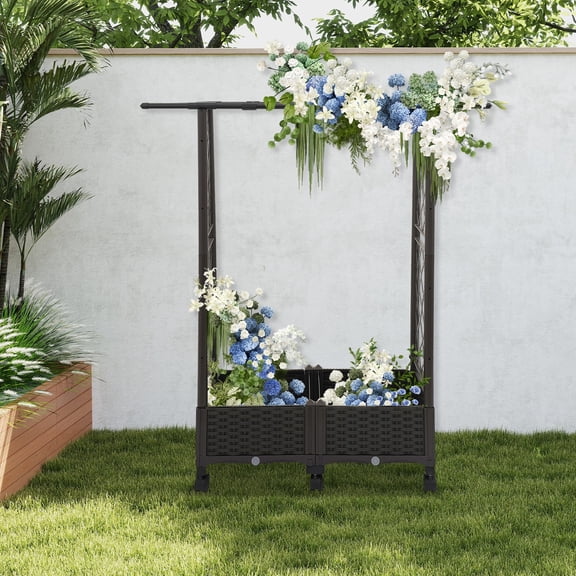 ToppiJoy 31.5inch Rolling Planter Box with Trellis for Climbing Plants, Mobile Garden Raised Bed with 6 Wheels and Drainage Holes for Balcony, Patio, Outdoor Brown