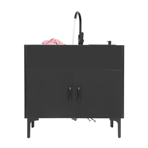 ToppiJoy 32in Laundry Sink with Cabinet and Faucet, Water Column Spray Stainless Steel Kitchen Sink Cabinet for Laundry, Bathroom Kitchen, Black