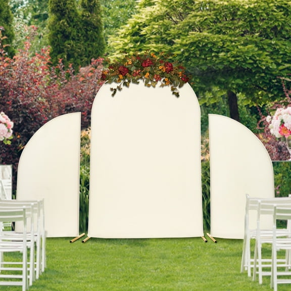 ToppiJoy 3PCS Metal Wedding Backdrop with Fabric Cover, Wedding Arch Floral Balloon Stand for Birthday Party Baby Shower Decoration (Gold, Beige)