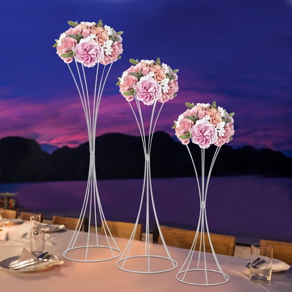 ToppiJoy 3Pcs Metal Wedding Centerpieces, Silver Metal Flower Trumpet Vase Road Lead Flower Holders Rack for Party Event Anniversary