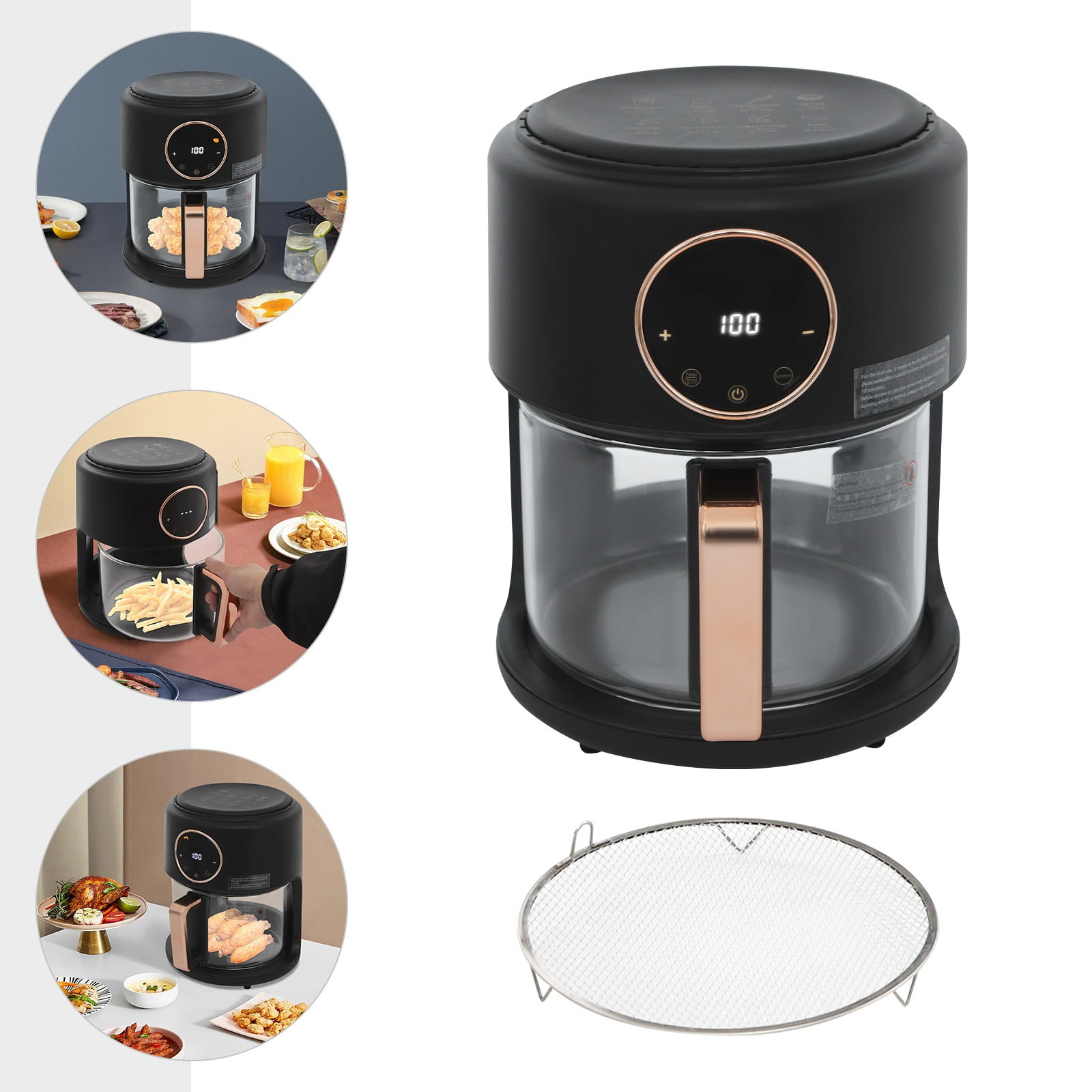 ToppiJoy 4.2L Mini Glass Air Fryer, 360° Viewable Touch Screen with Digital Display Adjustable Temperature Works Cookware French Fries (Black)