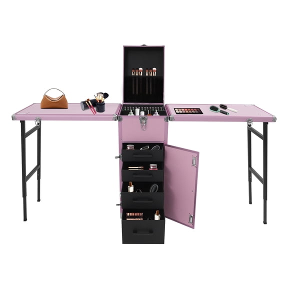 ToppiJoy 4 Drawers Rolling Makeup Case with Lock, Foldable Side Tables, Professional Portable Nail Desk for Nail Techsr, Cosmetics Storage (Pink)