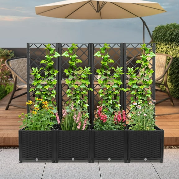 ToppiJoy 4 PCS Plastic Plant Box with Trellis, Planter Box for Backyard Patio for Balconies, Backyards, Patios, Hold up 33.07 lbs (Dark Black)