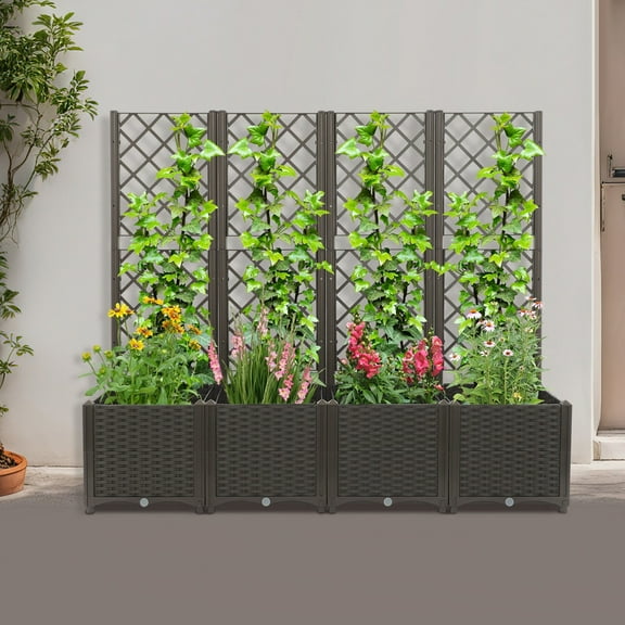 ToppiJoy 4 PCS Plastic Plant Box with Trellis, Planter Box for Backyard Patio for Balconies, Backyards, Patios,Hold up 33.07 lbs (Dark Brown)