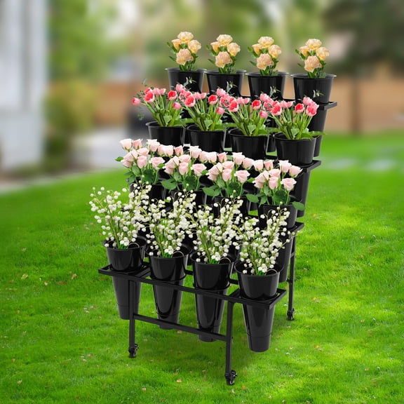 ToppiJoy 4 Tier Florist Shelf Plant Cart, Flower Display Stand with 16 Bucket, Floral Stand with Foldable Frame for Silk Fresh Flowers, for flower shop Garden Living Room(Black)