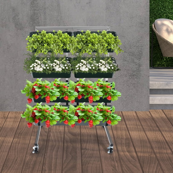 ToppiJoy 4-Tier Freestanding Vertical Raised Garden Bed Vegetable Planter with Lockable Wheels Vertical Garden Planter Outdoor with 8 Buckets, Patio Balcony Garden Bed Holder Dark Green