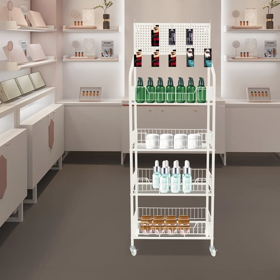 ToppiJoy 4 Tier Retail Display Rack Stand with 10 Hooks, Retail Display Rack Snack Candy Display Organizer with Wheels for Kitchen Bedroom Laundry Room (White)