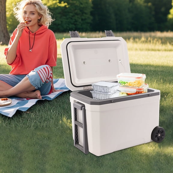 ToppiJoy 45L Portable Ice Retention Ultra-Light Wheelded Cooler, Dual Use of Hot and Cold Cooling Box with Cup Holders for Fishing Rowing Camping Traveling(White, Gray)
