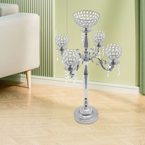 ToppiJoy 5 Arms Crystal Candelabra, Modern Metal Candlestick Holder Wedding Table Centerpiece with Crystal Drops for Dinner Party Events (Silver)