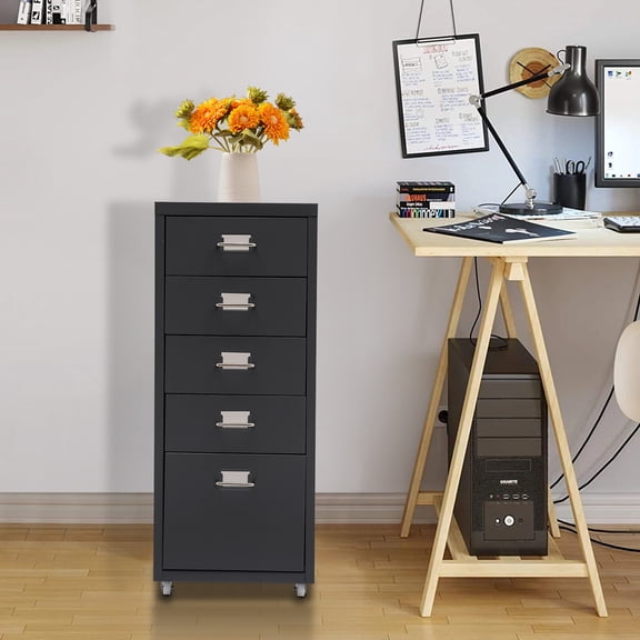 ToppiJoy 5 Drawer Lateral File Cabinet, Metal Filing Cabinets with Wheels Hanging Bars, Assembly Required 11*16.1*27.1in (Black)
