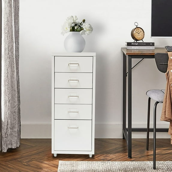 ToppiJoy 5 Drawer Lateral File Cabinet, Metal Filing Cabinets with Wheels Hanging Bars, Assembly Required 11*16.1*27.1in (White)