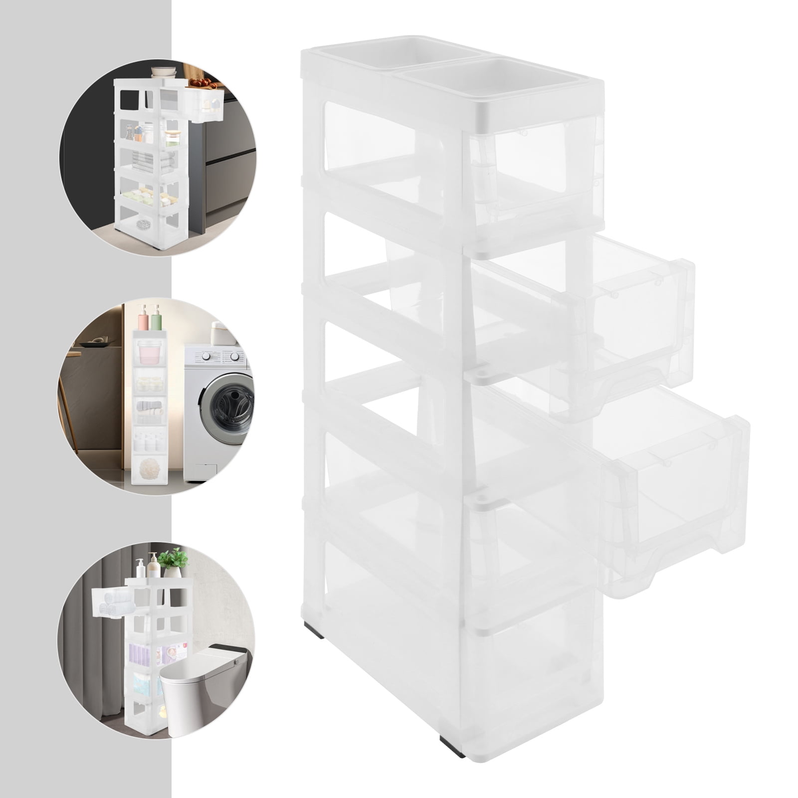ToppiJoy 5 Drawers Narrow Bathroom Storage Cabinet, Storage Cabinet with Movable Wheels for Bathroom, Bedroom (White, Clear)