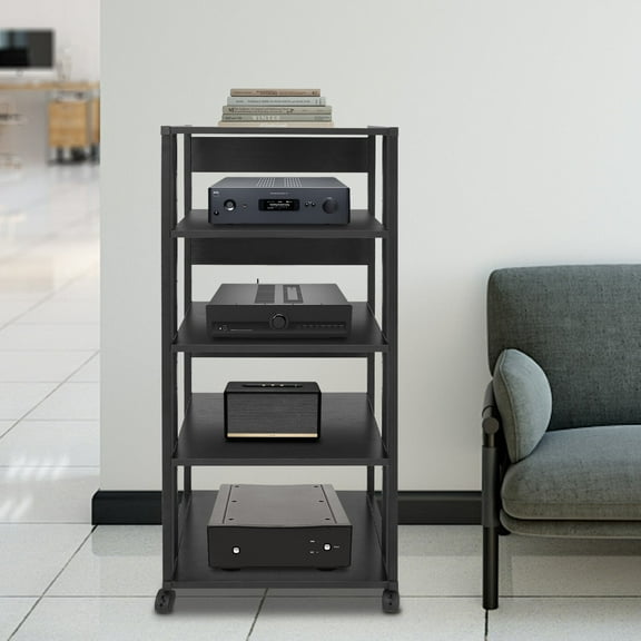 ToppiJoy 5-Tier AV Component Media Stand Stereo Cabinet, Audio-Video Tower Stereo Audio Rack Stand with Wheels for Home Office Black