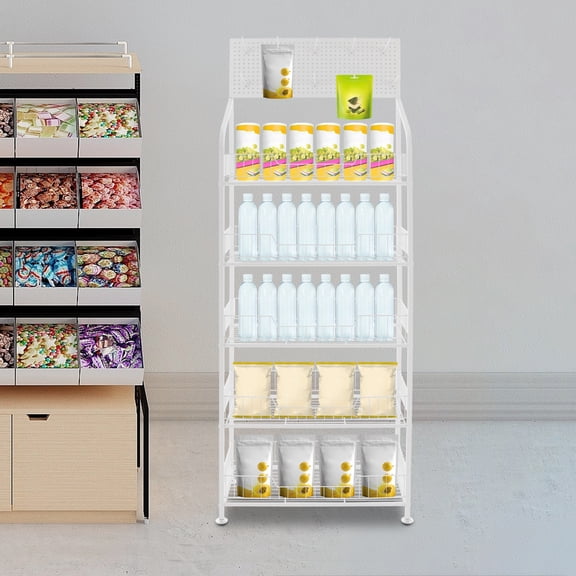 ToppiJoy 5 Tier Retail Display Rack, Snack Display Organizer, Snack Rack Stand with Hooks for Home Convenience Stores Kitchen (White, NO Wheels)