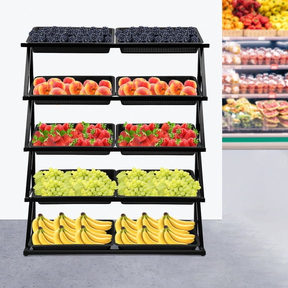 ToppiJoy 5 Tiers Fruit Vegetable Basket Stand, Fruit Basket Retail Display Rack Metal Vegetable Storage Rack with 10 Plastic Baskets for Kitchen, Garage (Black)