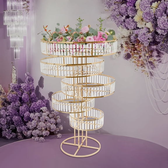 ToppiJoy 5 Tiers Gold Wedding Crystal Flower Stand, Round Pedestal Stand for Wedding Road Lead Flower Arrangement Decoration