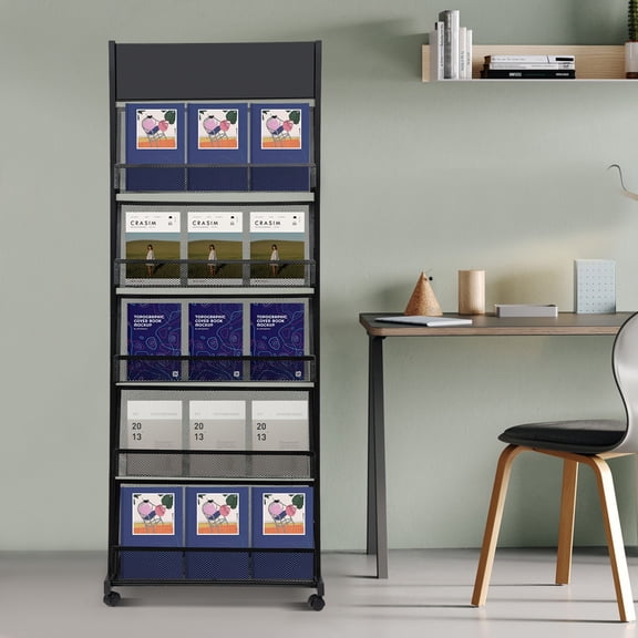 ToppiJoy 5 Tiers Magazine Rack, Iron Wheeled Newspaper Rack Hold up to 110lbs, Mobile Display Rack for Trade Show Office Hospitals Retail Store