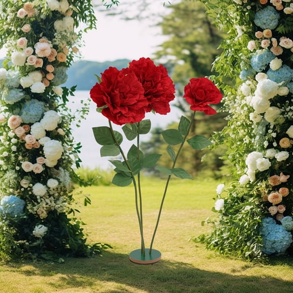 ToppiJoy 55in Height 3 Heads Artificial Flowers, Rose for Decoration, Fabric Floral Decor with Stems and Stands Base for Garden Home Office Party Decor(Red)