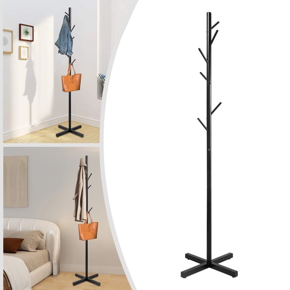 ToppiJoy 69" Metal Coat Hat Rack Stand Coat Tree with 7 Hooks Rubber Base for Hanging Scarf, Bag, Jacket (Black)