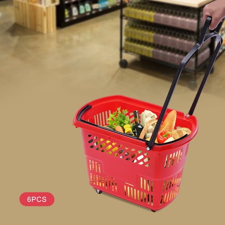 ToppiJoy 6PCS 35L Shopping Carts, Shopping Basket with Handle Plastic Wheels, Portable Store Baskets Retail Baskets Set for Market Grocery Store (Red)