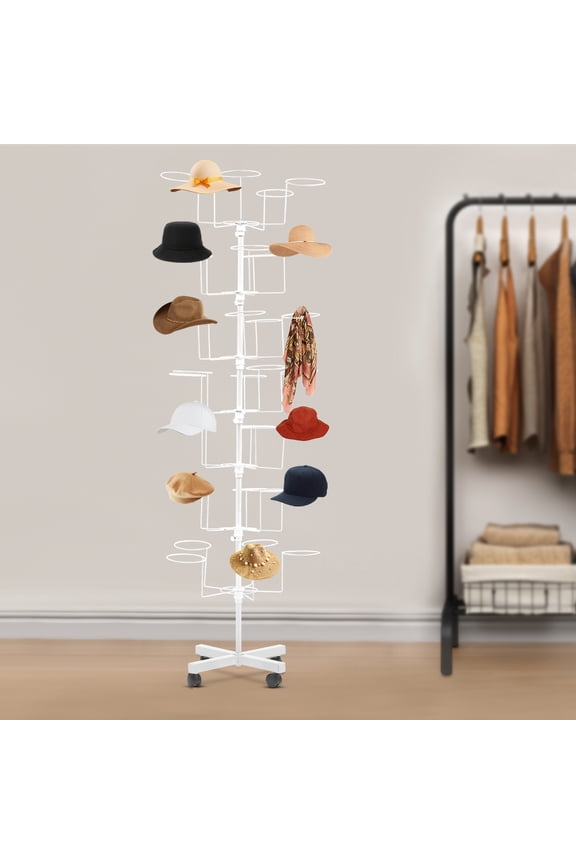 7 Tier 35 Hats Rotating Hat Display Rack, Retail Hat Rack Rotating Spinner Stand Fit Shop Standing Hat Rack Baseball Cap Display (White)