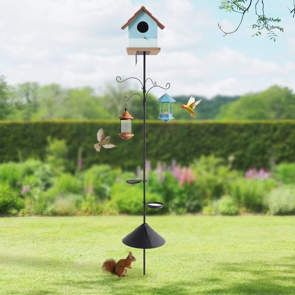 ToppiJoy 76in 4 Hooks Bird Feeder Pole Heavy Duty Birdhouse Pole with Squirrel Proof Baffle for Outdoor, Birdhouse Pole with Hooks Food Trays Black